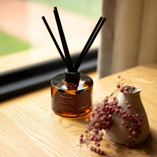 mondocherry - Etikette | eco reed diffuser | Barossa lily rose ruby plum - table