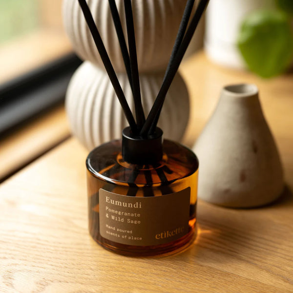Etikette | eco reed diffuser | Eumundi pomegranate wild sage - table