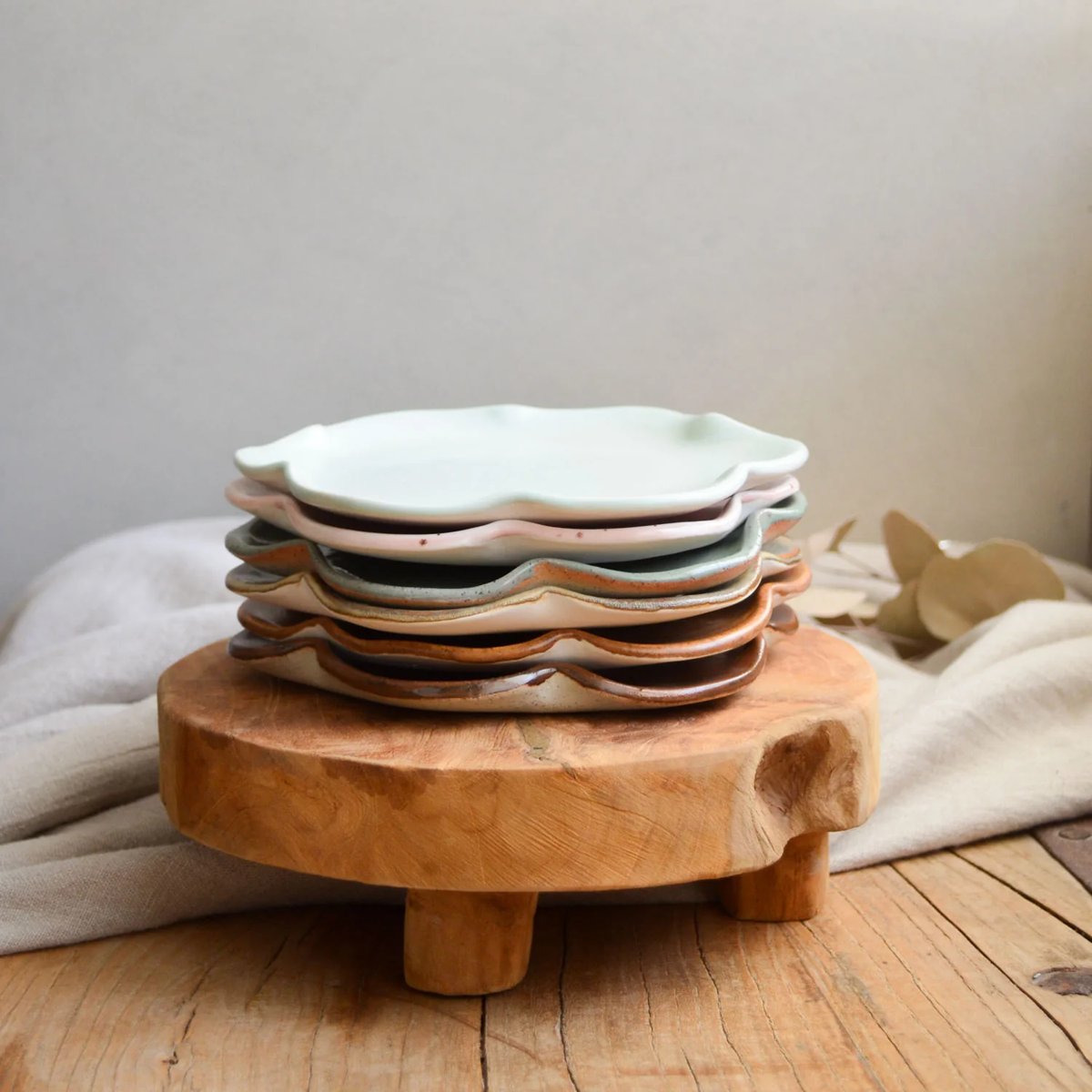 mondocherry - KW Ceramics | petal dessert plate  | sage - stack
