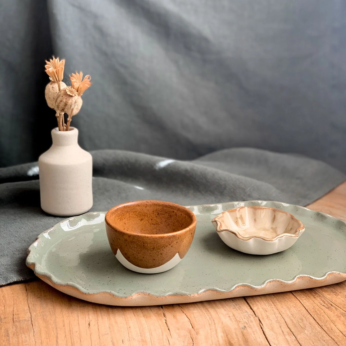 mondocherry - KW Ceramics | ruffle oval platter | sage - setting