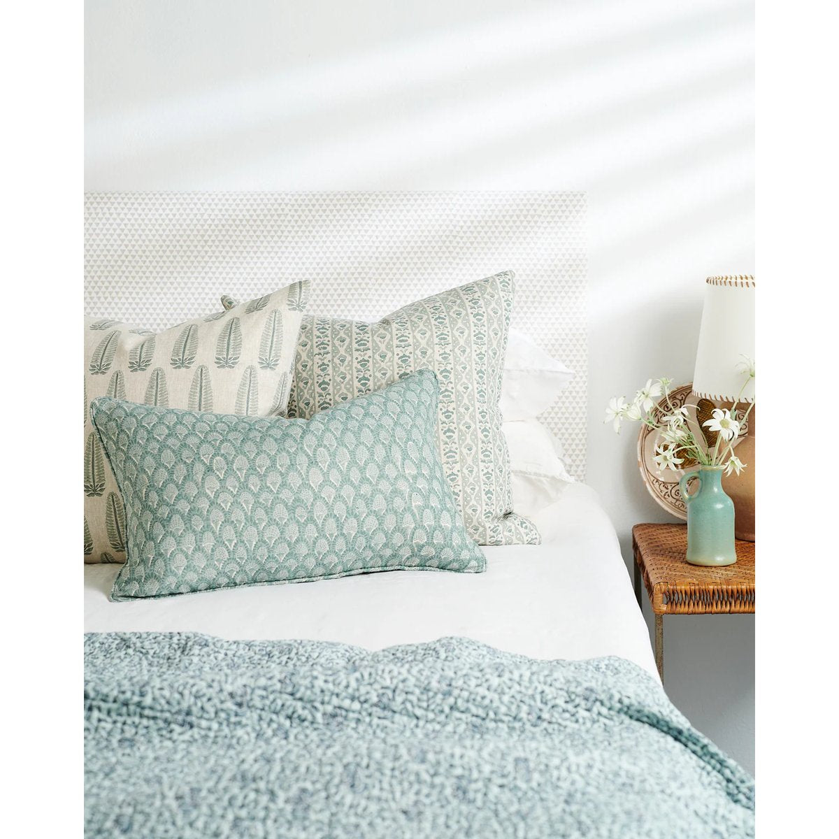 mondocherry - Walter G | akola linen cushion | celadon - bed