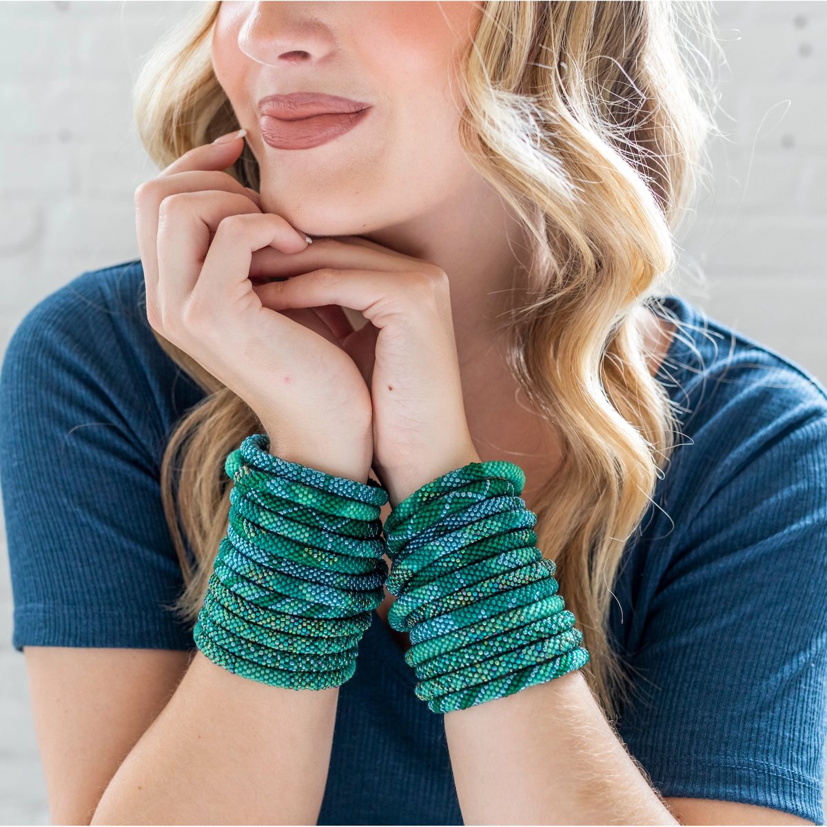 mondocherry - aid through trade | roll on bracelet | aurora - wearing