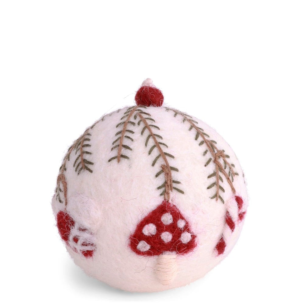 Gry & Sif — Christmas bauble — ornaments — white wool bauble with red mushroom and foliage embroidery