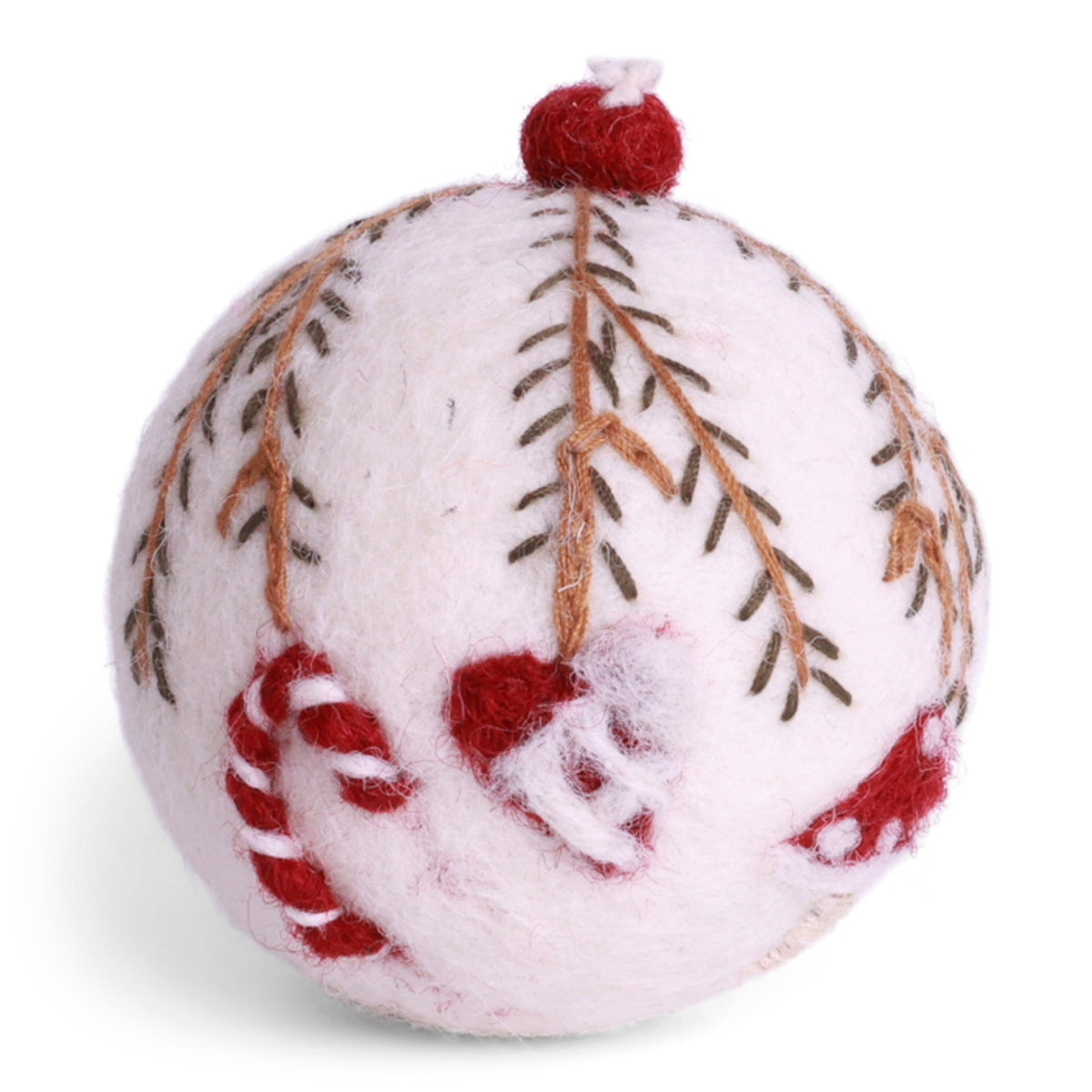 Gry & Sif — Christmas bauble — ornaments — close view of the bauble with candy cane and stocking embroidery