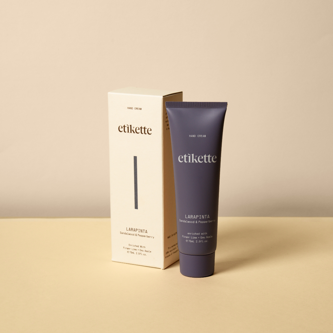 Etikette — hand cream — Larapinta in sandalwood & pepperberry — tube and carton