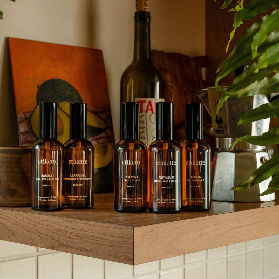 Etikette — room mist — Larapinta in sandalwood & pepperberry — with Larapinta fragrance products