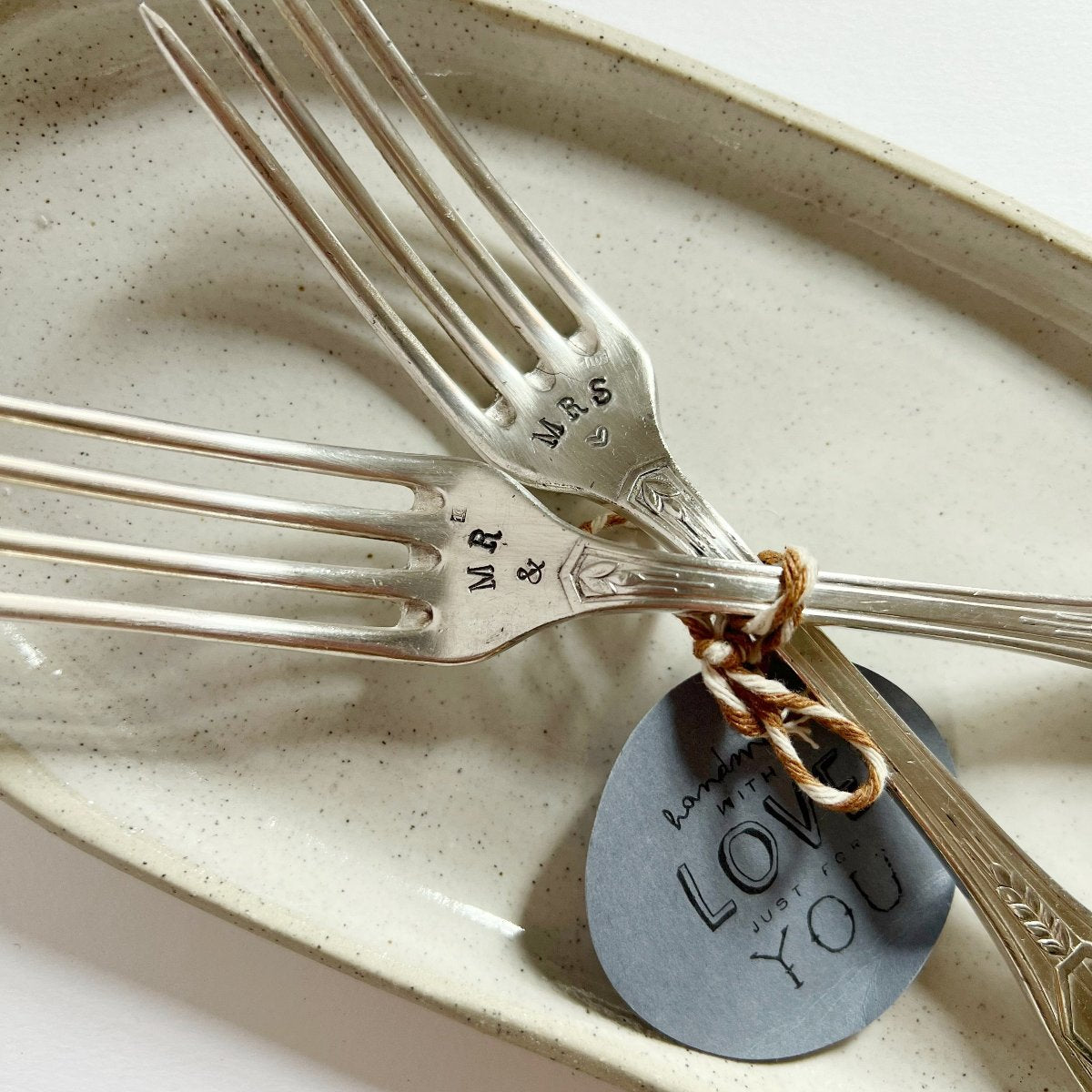 mondocherry - antique silver fork set | "Mr & Mrs" - close