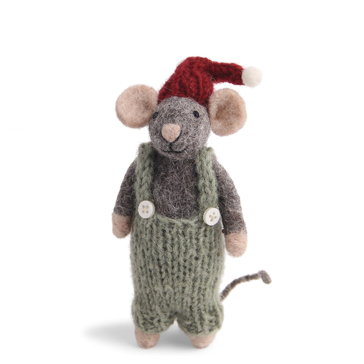 Gry & Sif — grey mouse with green pants — small — grey felt mouse wearing knitted green overalls and a red hat