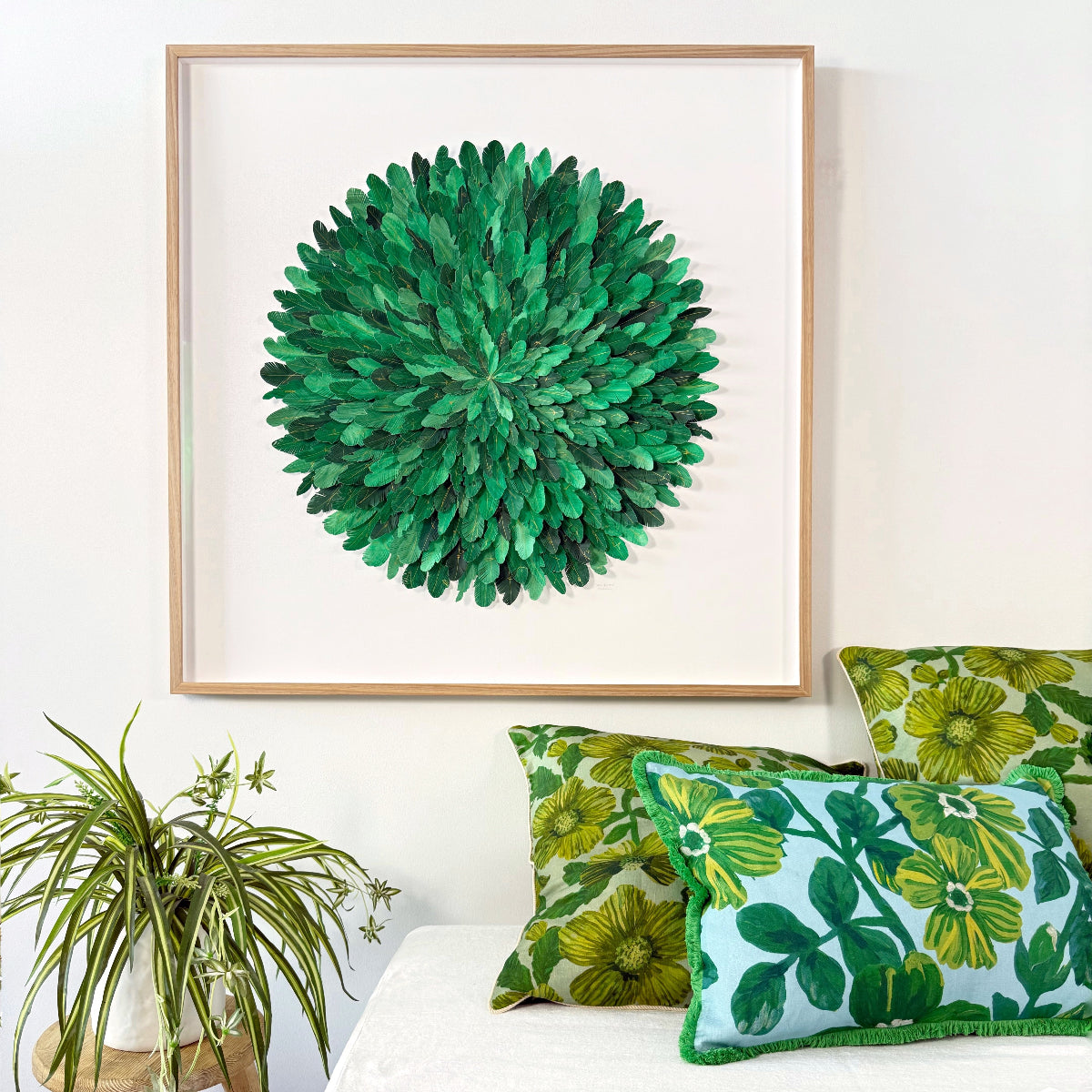 mondocherry - "green thorntail" | paper feather framed wall art - bed