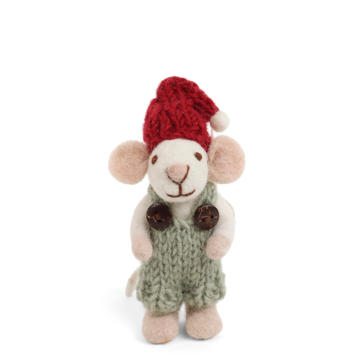Gry & Sif — white mouse with green pants — baby — small white felt mouse wearing green knitted pants and a red hat