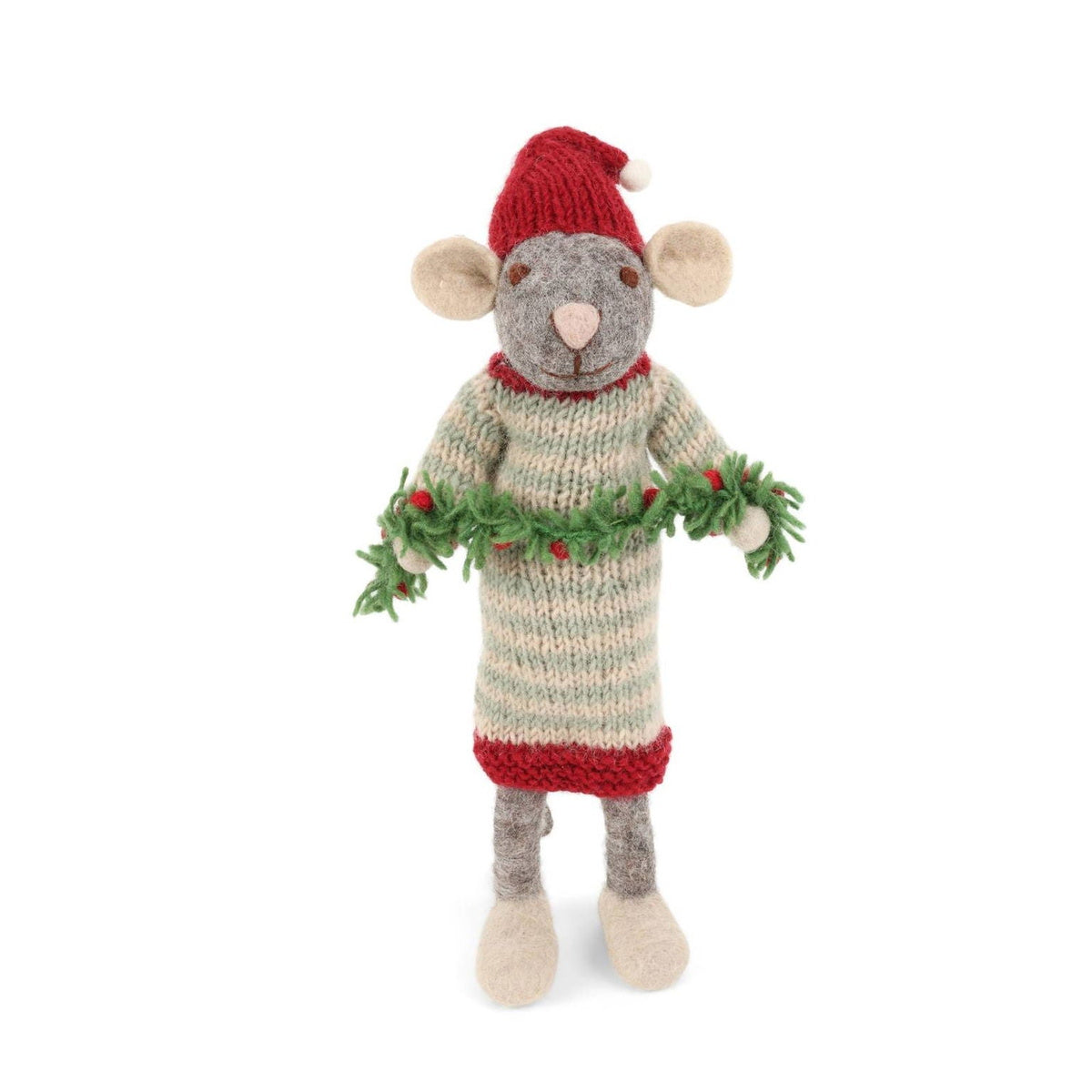 Gry & Sif — grey mouse with garland — large — front view of a grey mouse wearing a striped sweater and holding a green garland