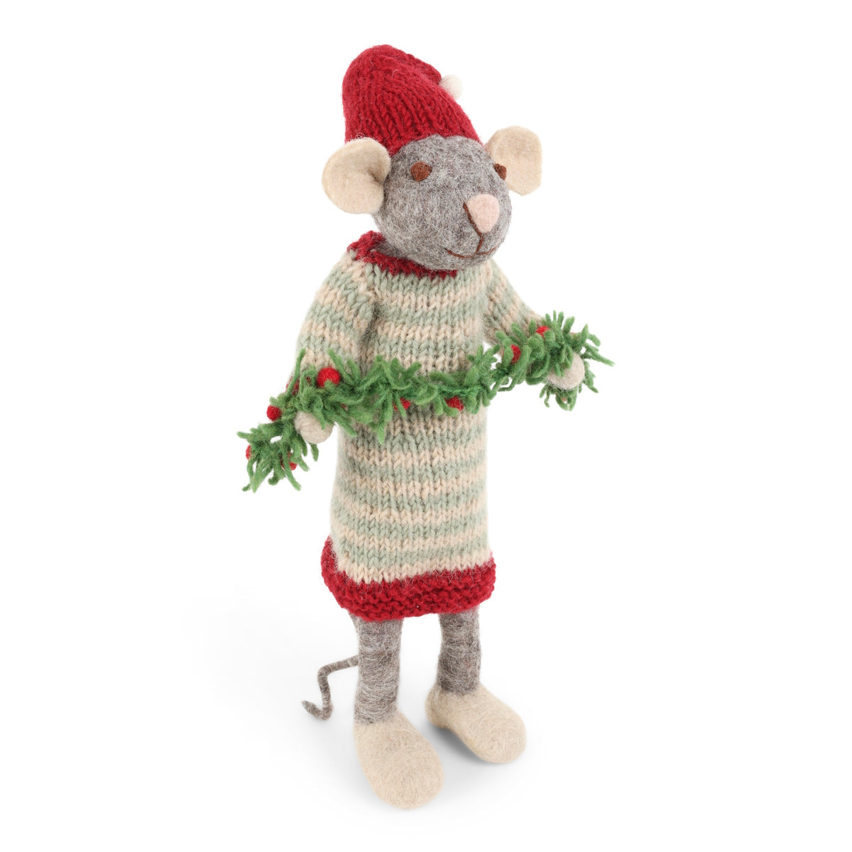 Gry & Sif — grey mouse with garland — large — angled view of the grey mouse with a red hat and green garland