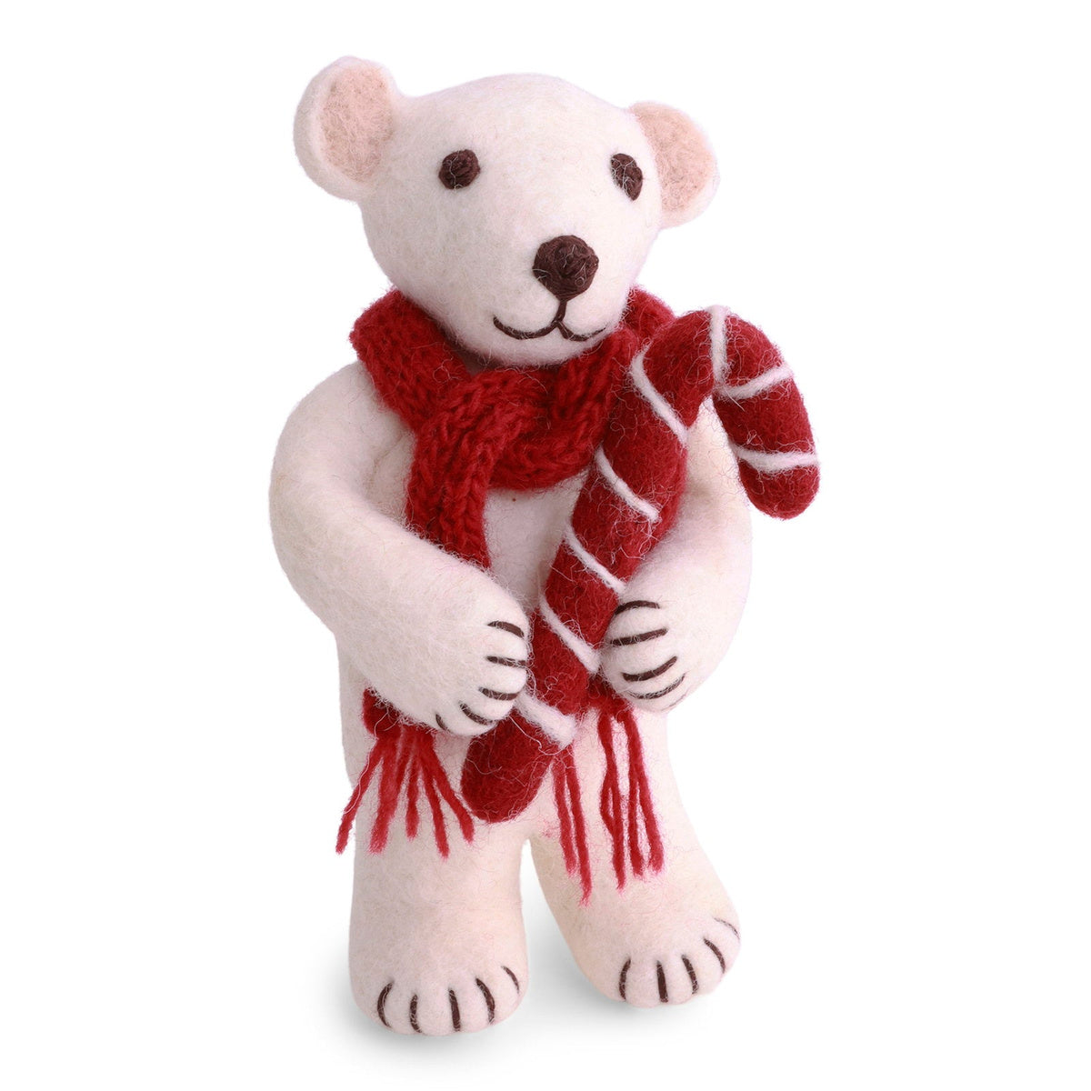 Gry & Sif — polar bear with candy cane — medium — white felt polar bear wearing a red scarf and holding a striped candy cane