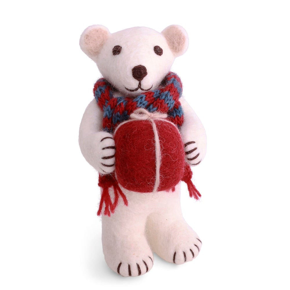 Gry & Sif — polar bear with gift — medium — white felt bear holding gift, wearing a scarf