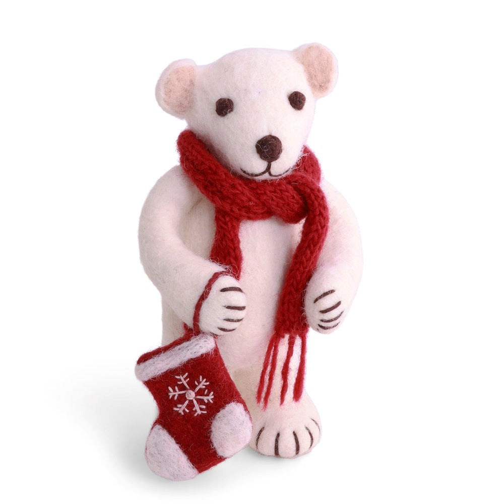 Gry & Sif — polar bear with stocking — medium — white felt bear holding stocking, wearing a scarf