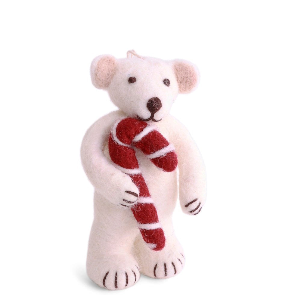 Gry & Sif — polar bear with candy cane — small — white felt bear holding candy cane
