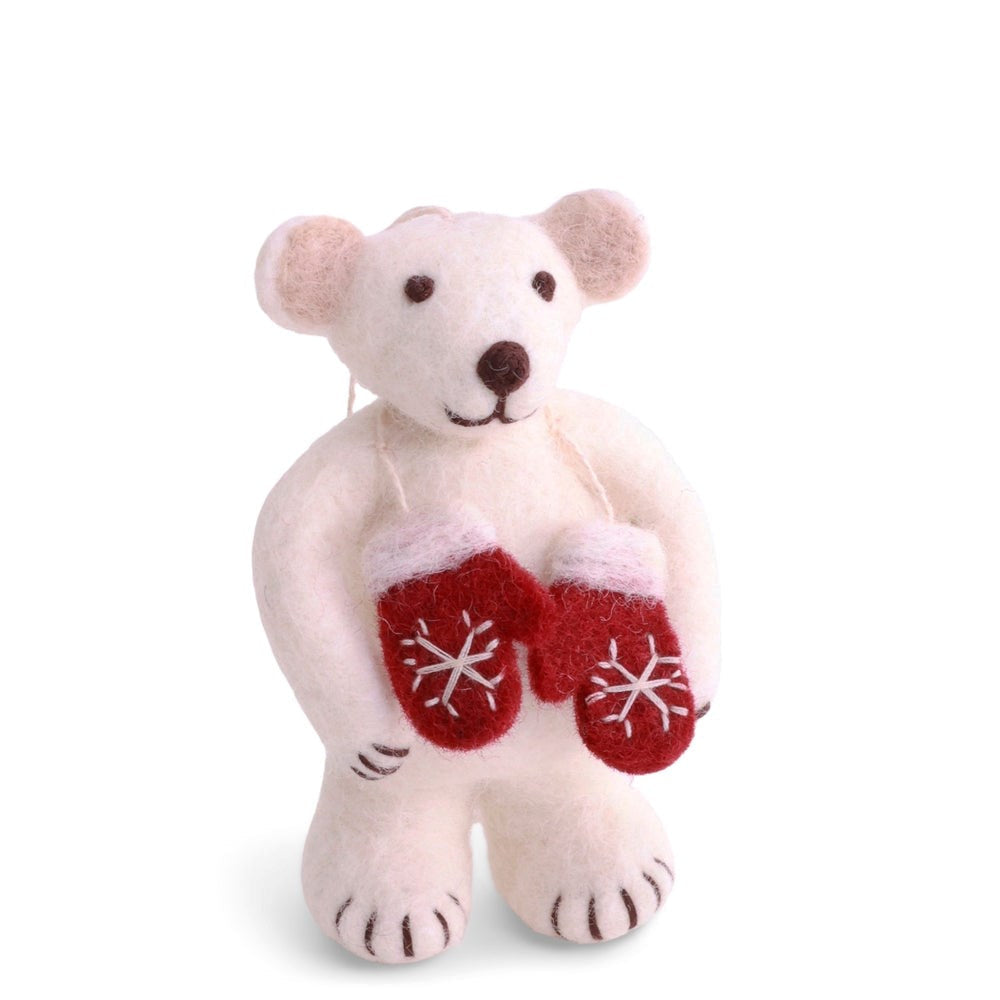 Gry & Sif — polar bear with mittens — small — white felt bear holding mittens