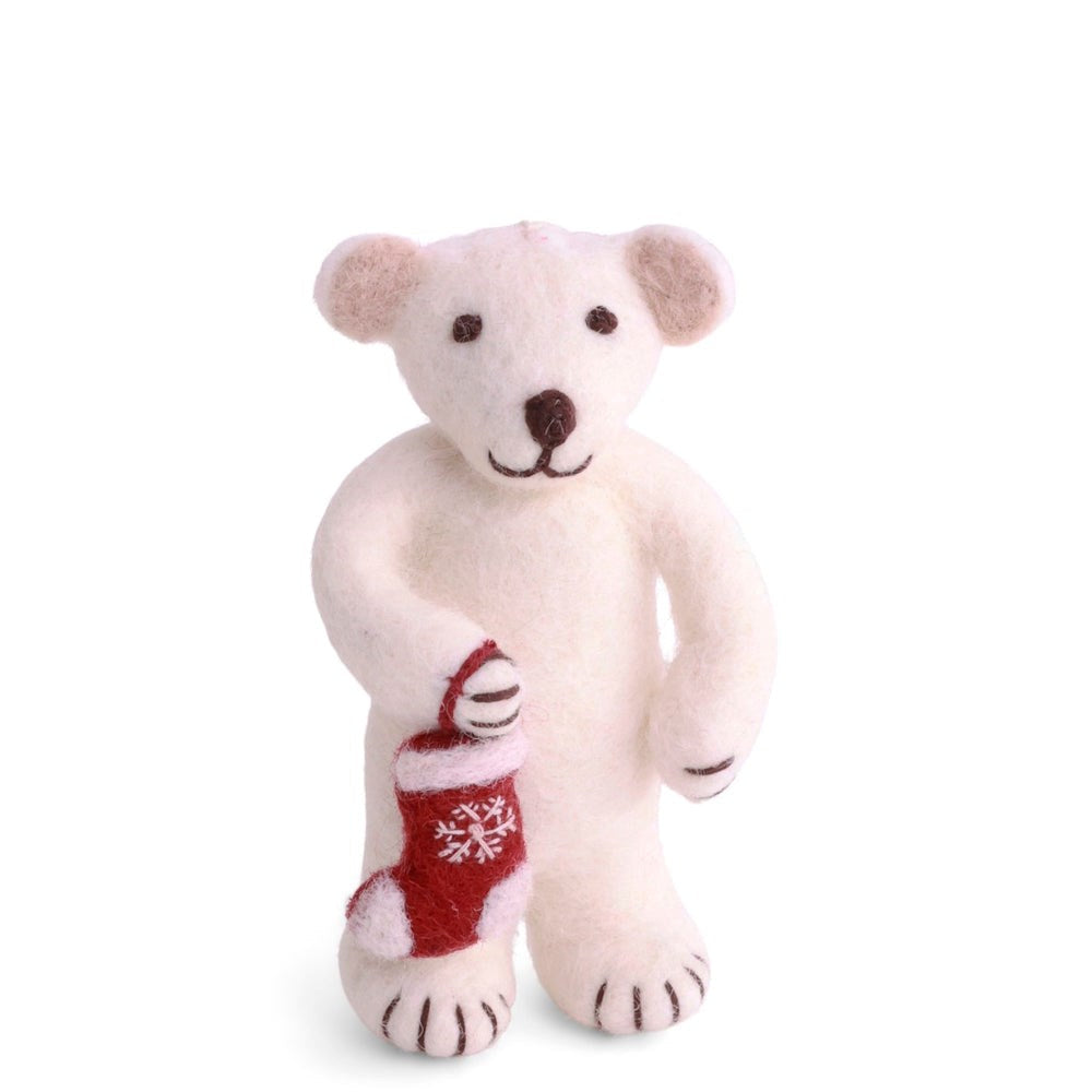 Gry & Sif — polar bear with stocking — small — white felt bear holding stocking