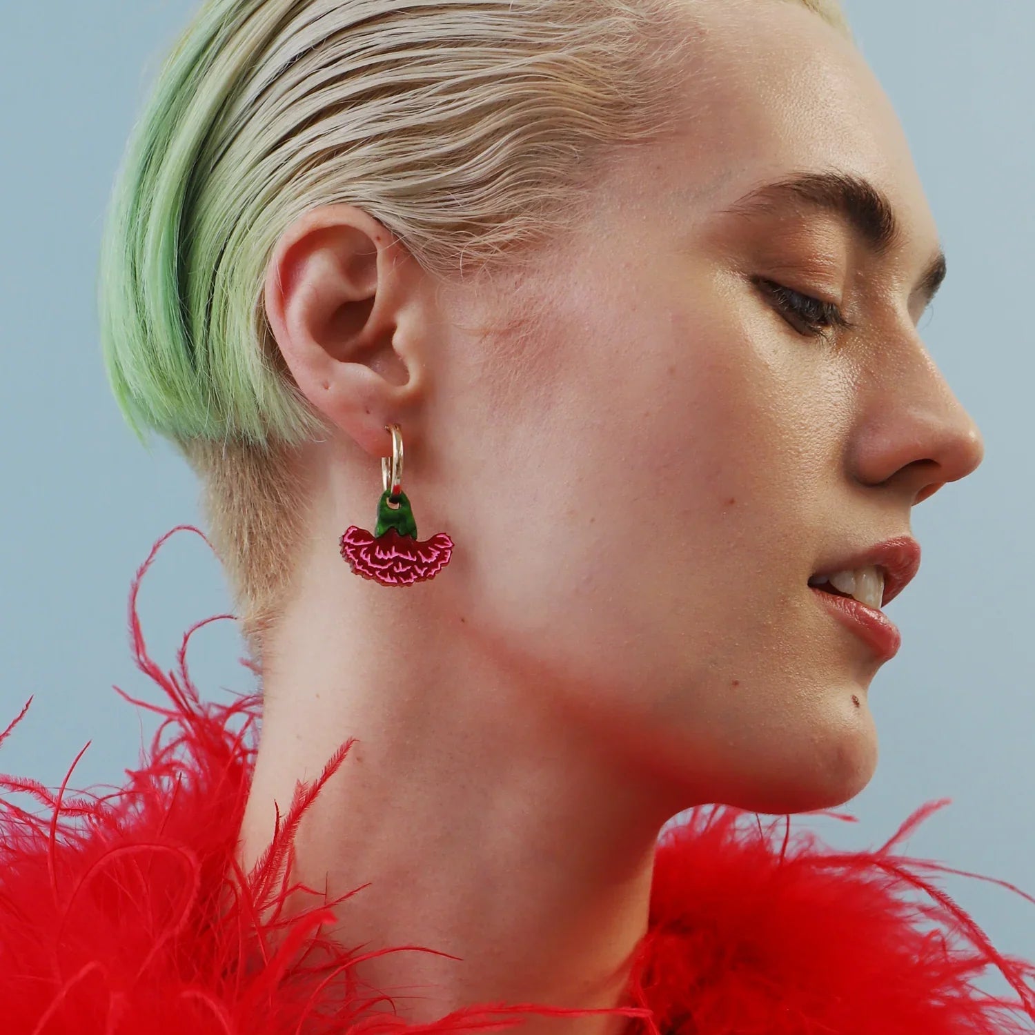 mondocherry - Wolf and Moon | carnation hoop earrings | red pink - wear