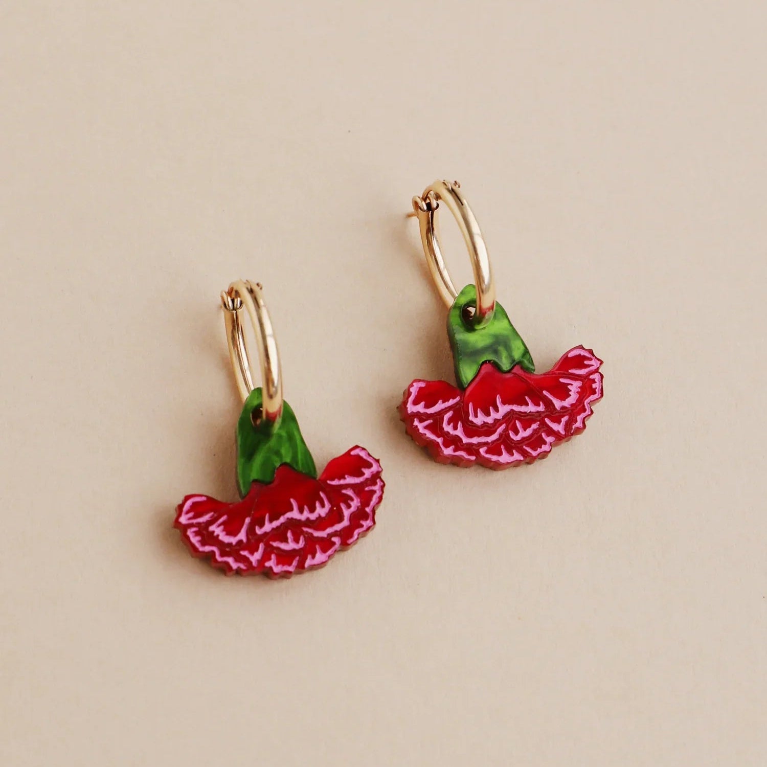 mondocherry - Wolf and Moon | carnation hoop earrings | red pink