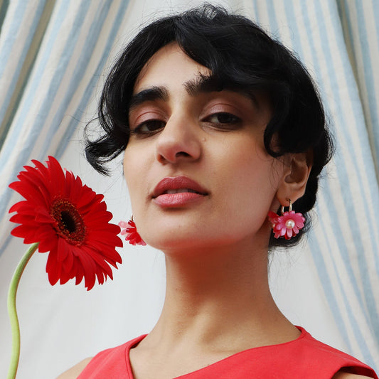 Wolf and Moon | daisy meadow hoop earrings | strawberry - model