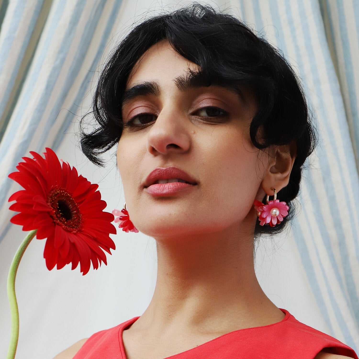 Wolf and Moon | daisy meadow hoop earrings | strawberry - model