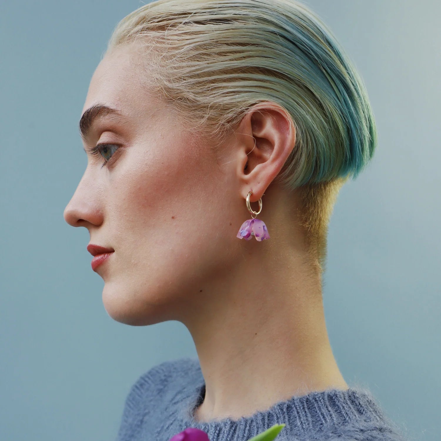 mondocherry - Wolf and Moon | tulip hoop earrings | lavender - wear