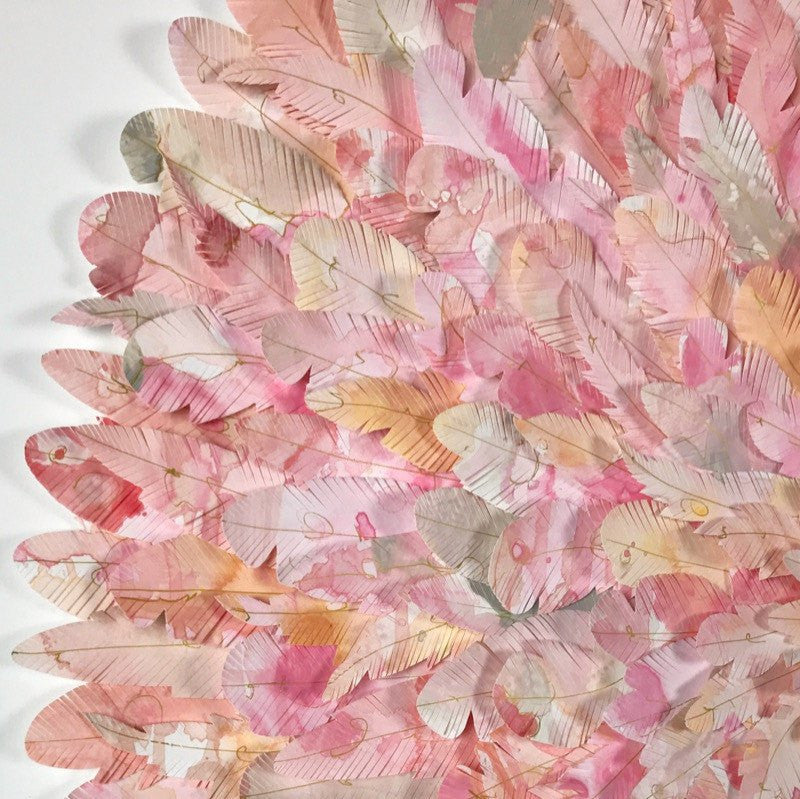 mondocherry - juju hat paper feather artwork - "pine grosbeak" - closeup