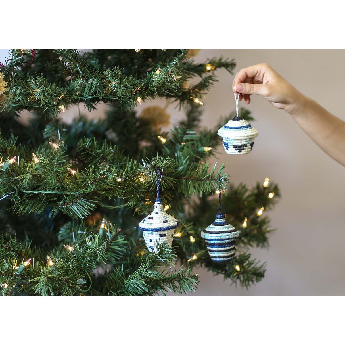 African woven ornaments "Nya" | set of 3 | silver blue - on tree