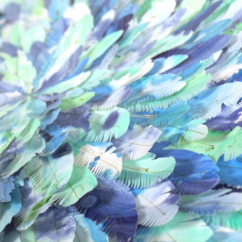 mondocherry - juju hat paper feather artwork - "blue dacnis" - closeup