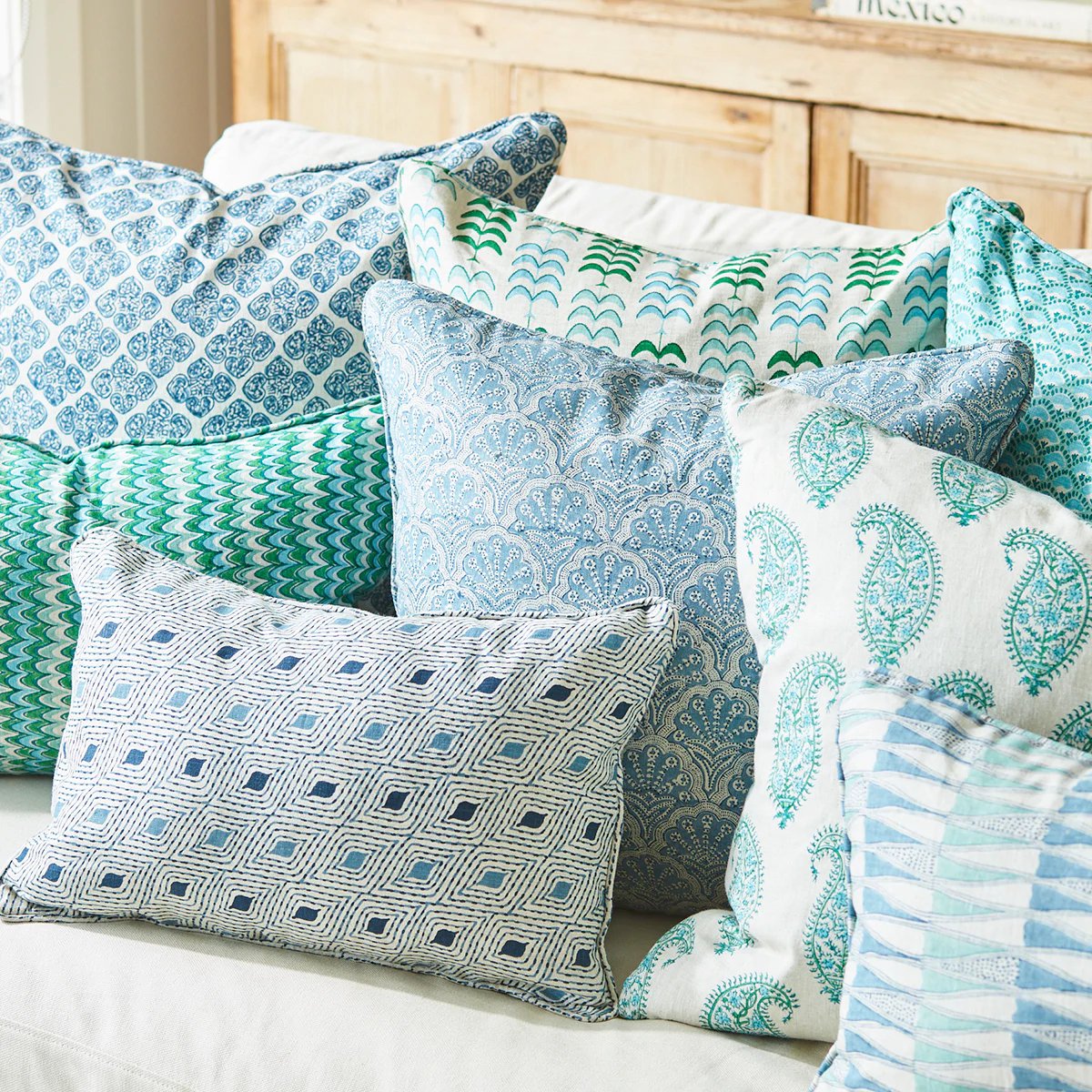 Walter G | st tropez linen cushion | azure - mondocherry - sofa