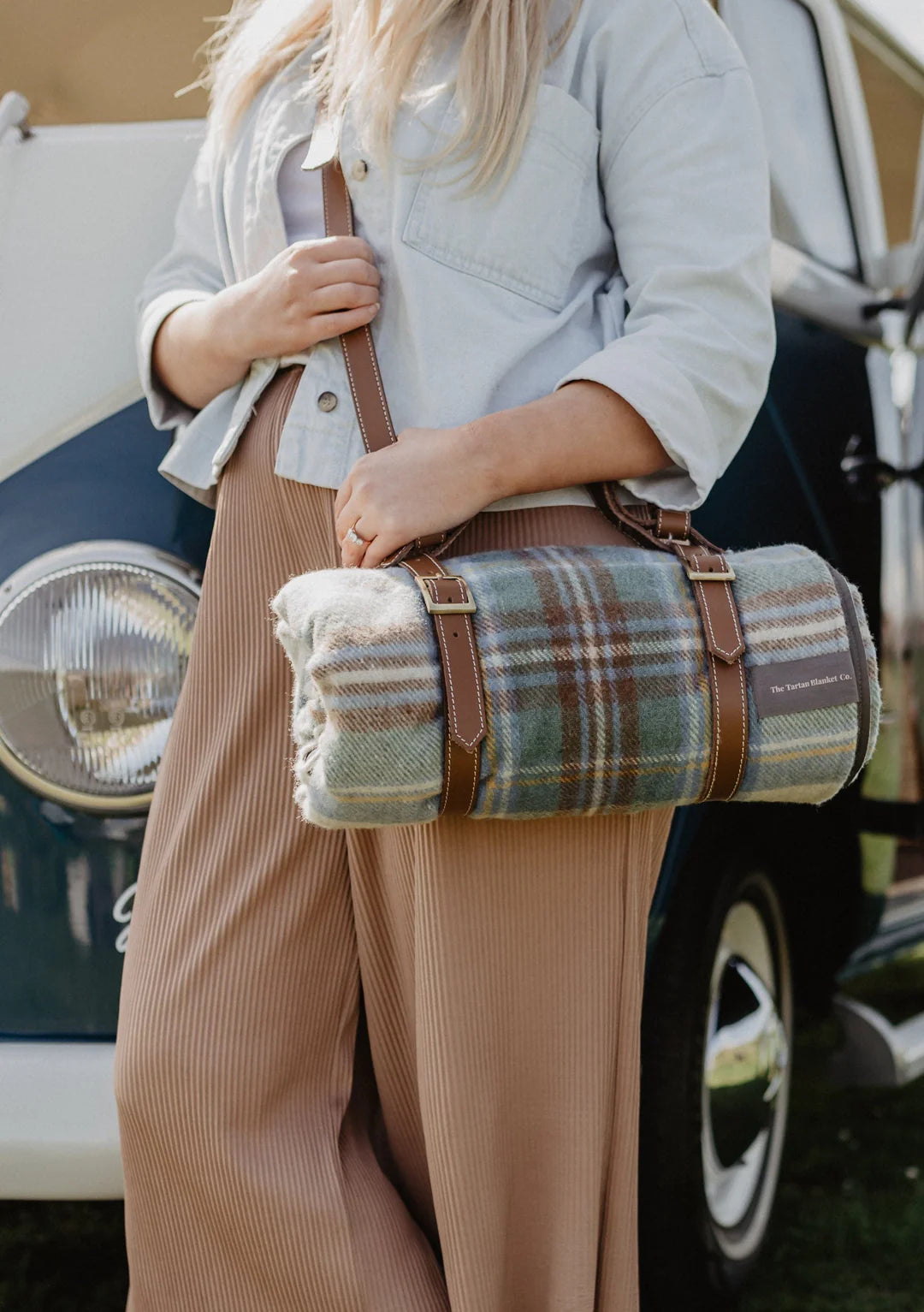 TBCo | recycled wool picnic blanket in Stewart muted blue tartan