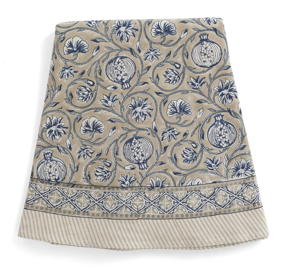 mondocherry - Tangier Pomegranate Cotton Tablecloth | beige blue - large