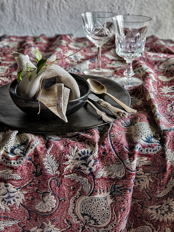 mondocherry - Pomegranate Linen Tablecloth | burgundy - close