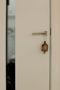 Beige door with a brass handle and lock