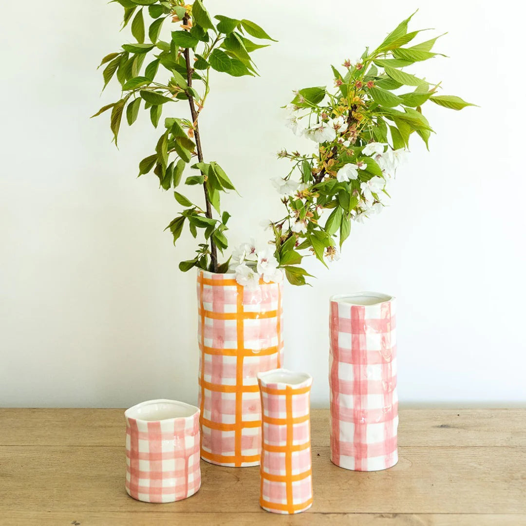 Noss and Co | gingham vase | rose pink and orange | large