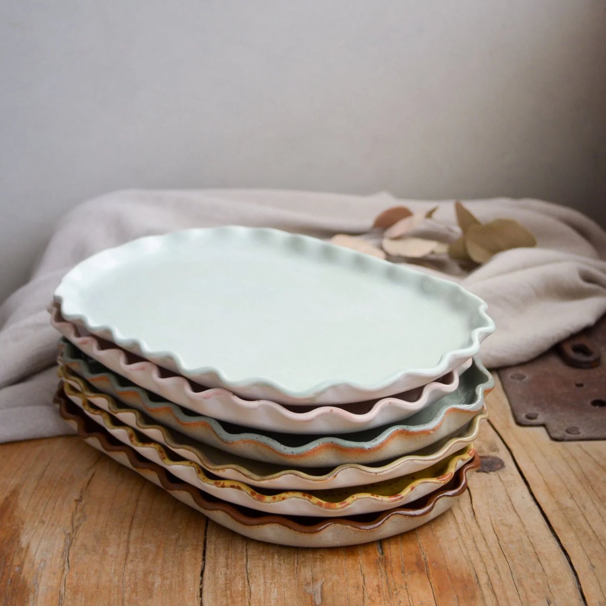 mondocherry - KW Ceramics | ruffle oval platter  | sage - stack