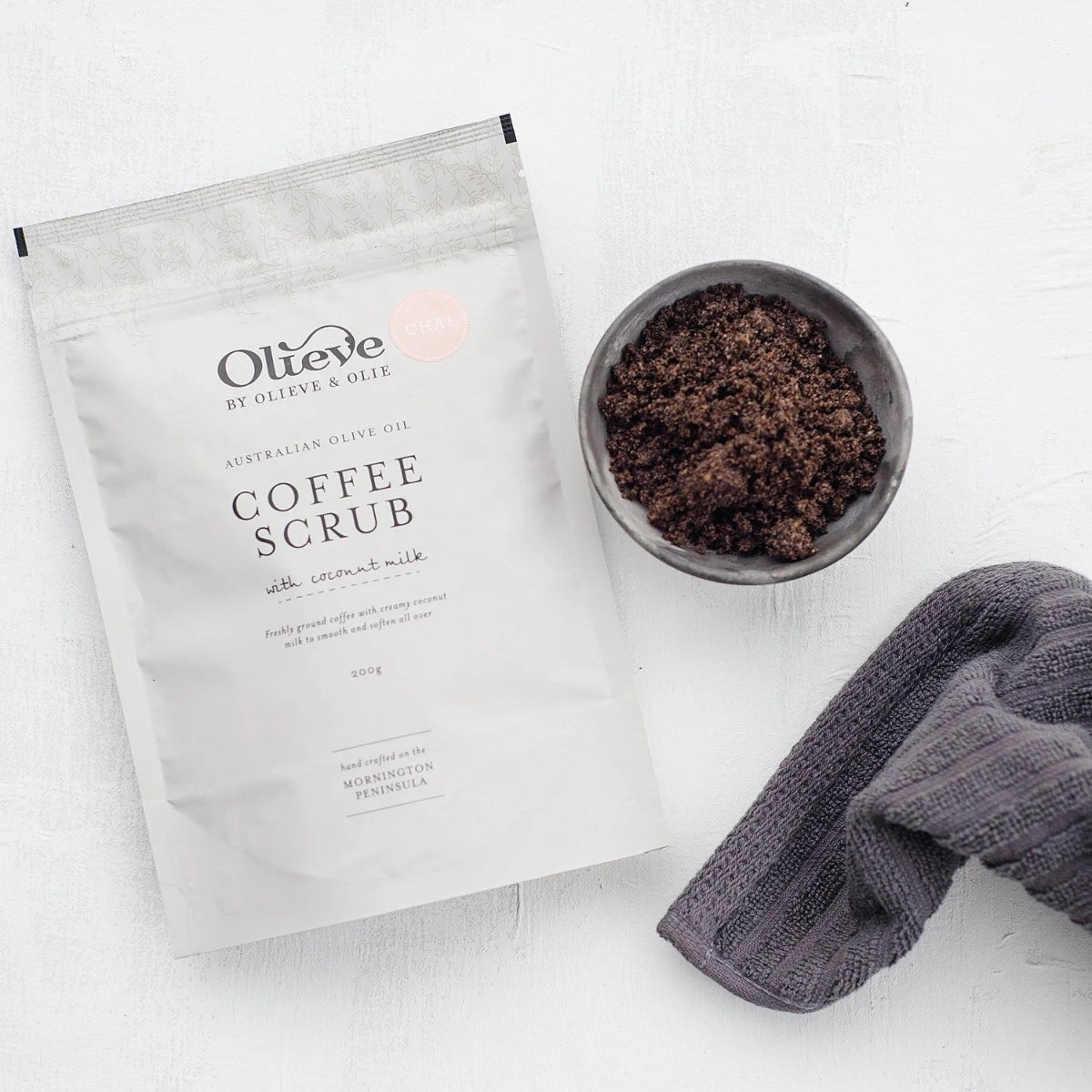mondocherry - Olieve and Olie | coffee body scrub | chai