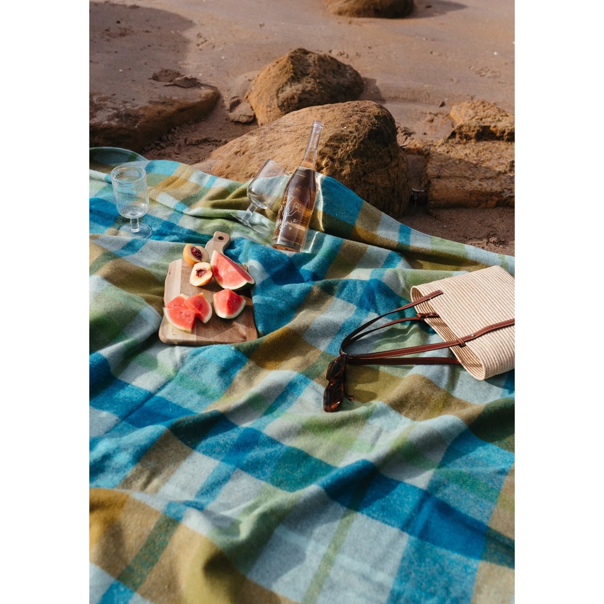 TBCo | recycled wool picnic blanket in teal patchwork check - beach
