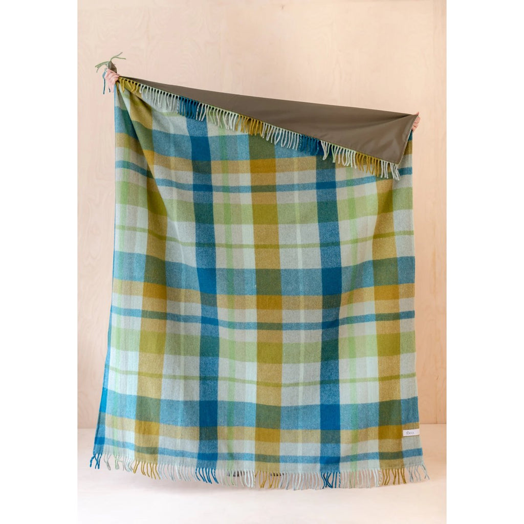 mondocherry - TBCo | recycled wool picnic blanket in teal patchwork check open