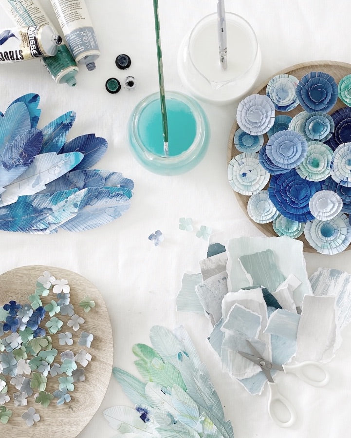 Mondocherry paint and paper cut-outs in blue tones