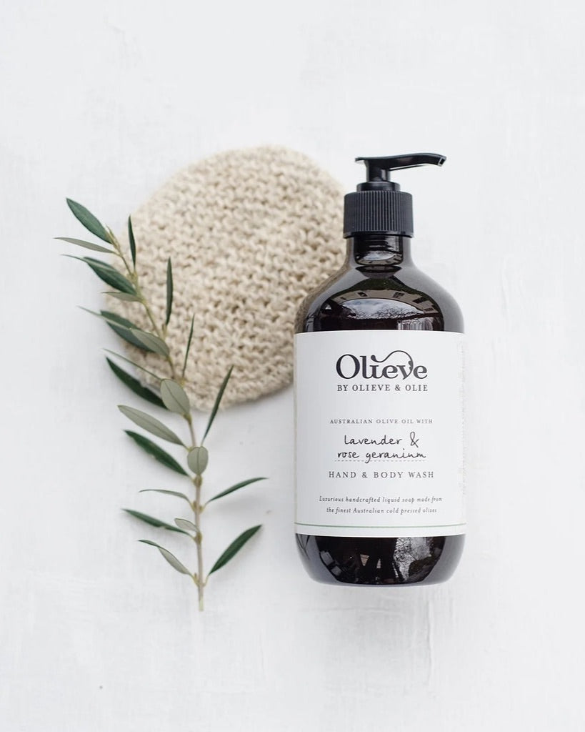 Olieve and Olie hand and body wash with an olive sprig