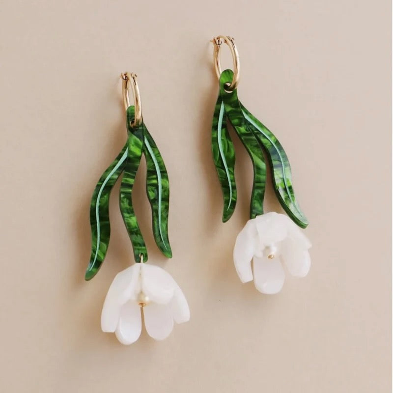 Wolf and Moon floral earrings in white and green