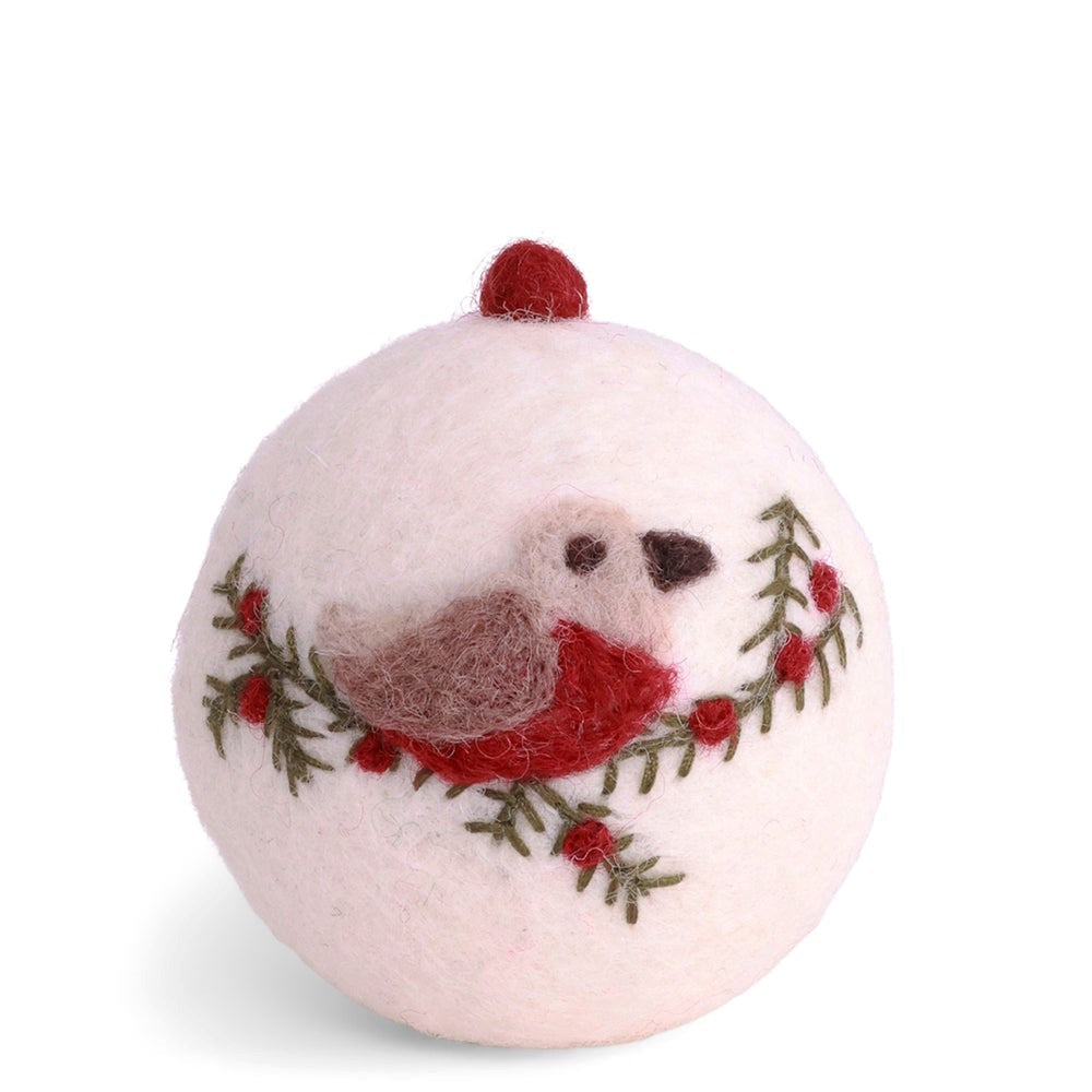 Gry & Sif — Christmas bauble — bird — white wool bauble with a red-breasted bird and foliage embroidery