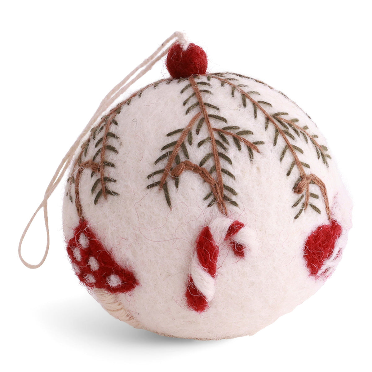 Gry & Sif — Christmas bauble — ornaments — angled view showing red mushroom embroidery and hanging loop
