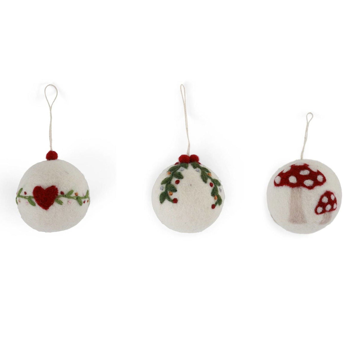 Gry & Sif — Christmas bauble — garland — displayed with two other embroidered baubles