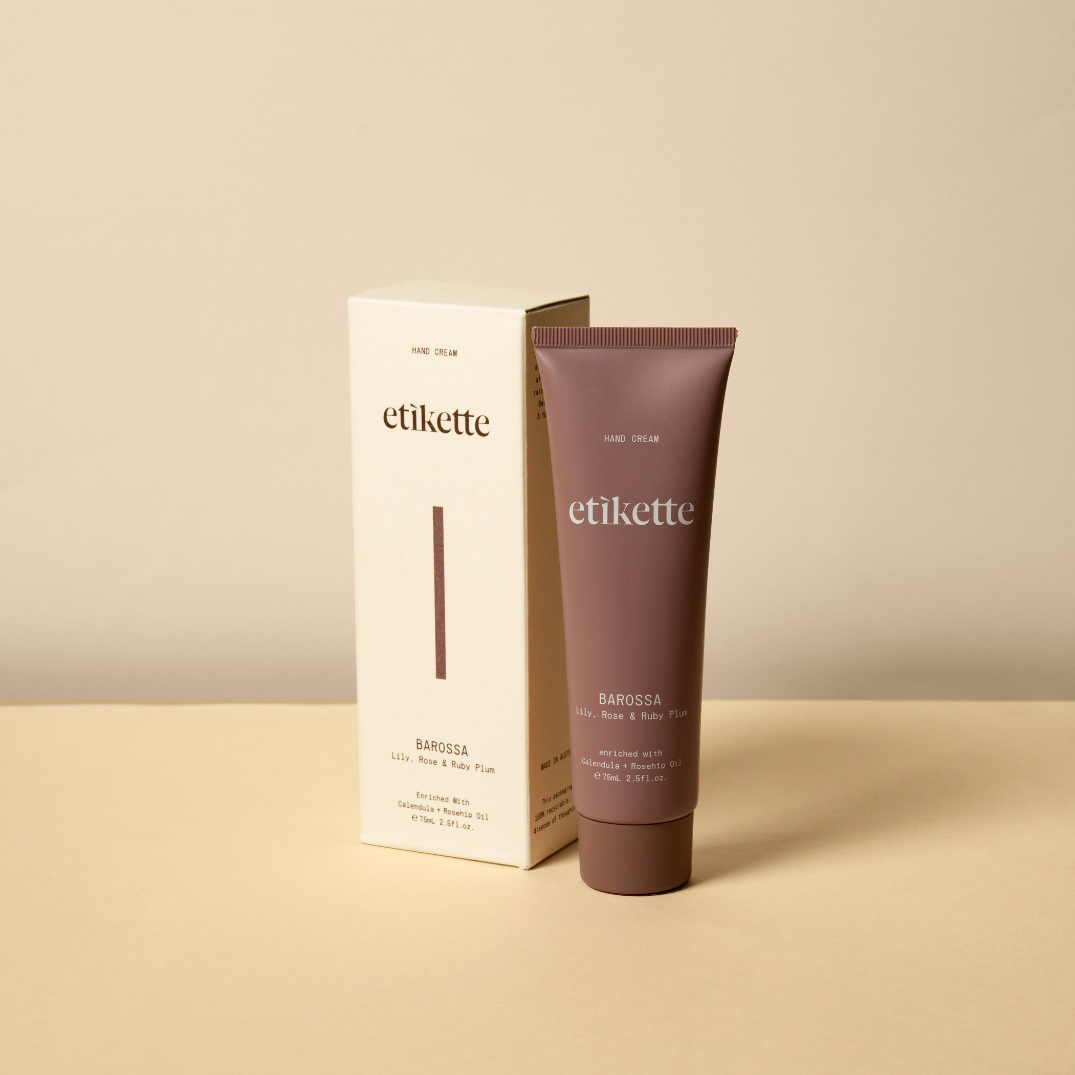 Etikette — hand cream — Barossa in lily, rose & ruby plum — tube and carton