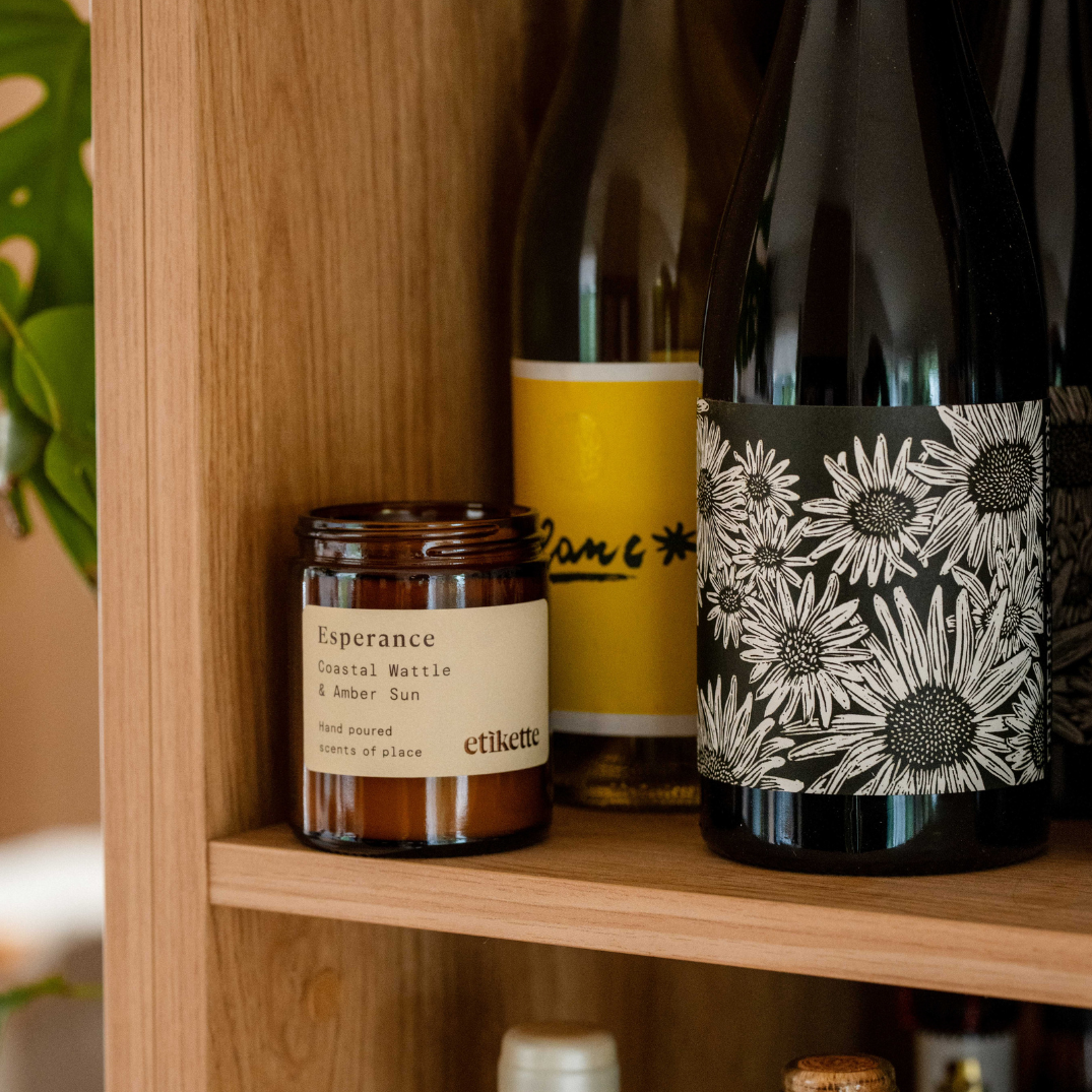 Etikette — soy candle — Esperance in coastal wattle & amber sun — 175ml — small candle on a shelf
