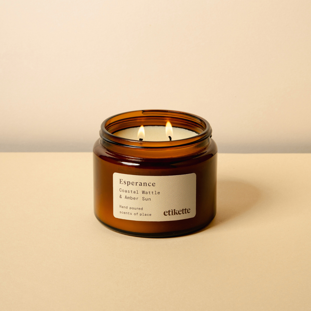 Etikette — soy candle — Esperance in coastal wattle & amber sun — 500ml — double-wick candle