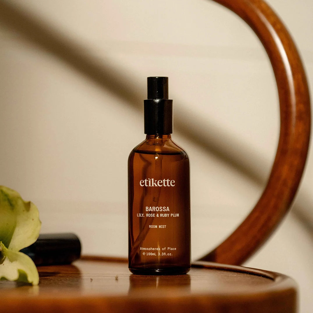 mondocherry - Etikette room mist | barossa in lily, rose & ruby plum - table